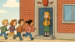 Skämt: Alla barnen sprang ut vid brandlarmet